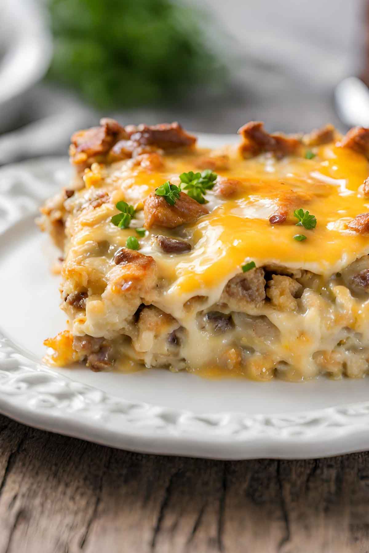 A slice of Sausage and Egg Breakfast Casserole on fancy white plate