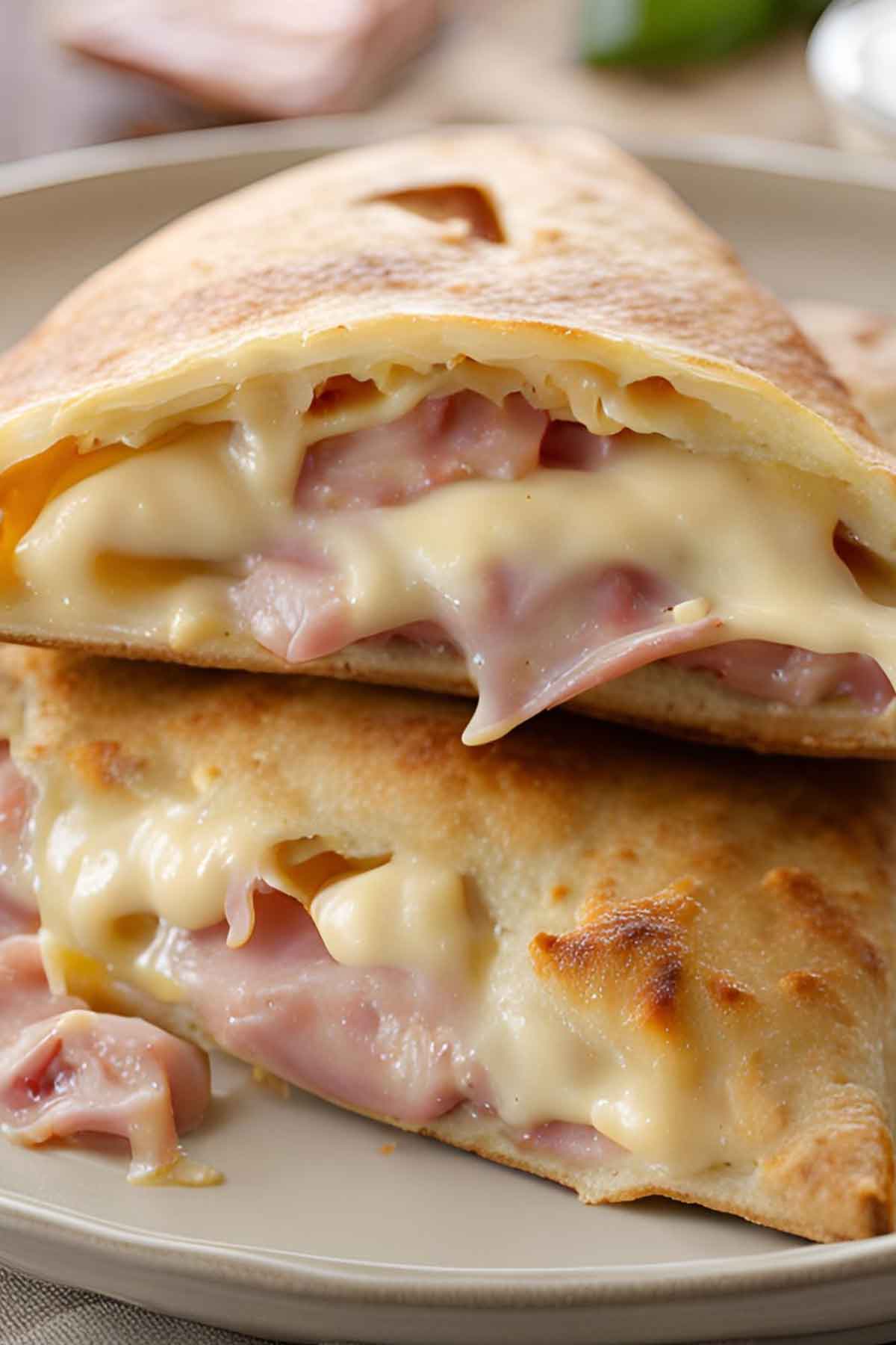 Ham and Cheese Calzones with Melted Cheese Close Up