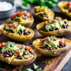 Mexican Potato Skins loaded up with Salsa, Guacamole, Cheese and Black Beans FEATURED IMAGE