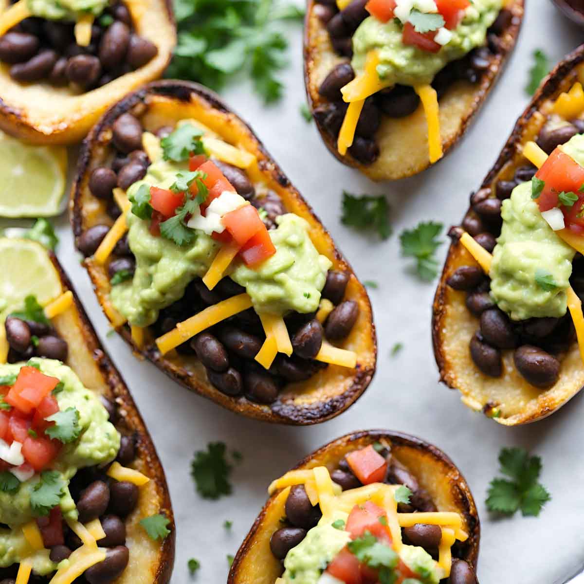 Overhead shot of Mexican Potato Skins loaded up with Salsa, Guacamole, Cheese and Black Beans