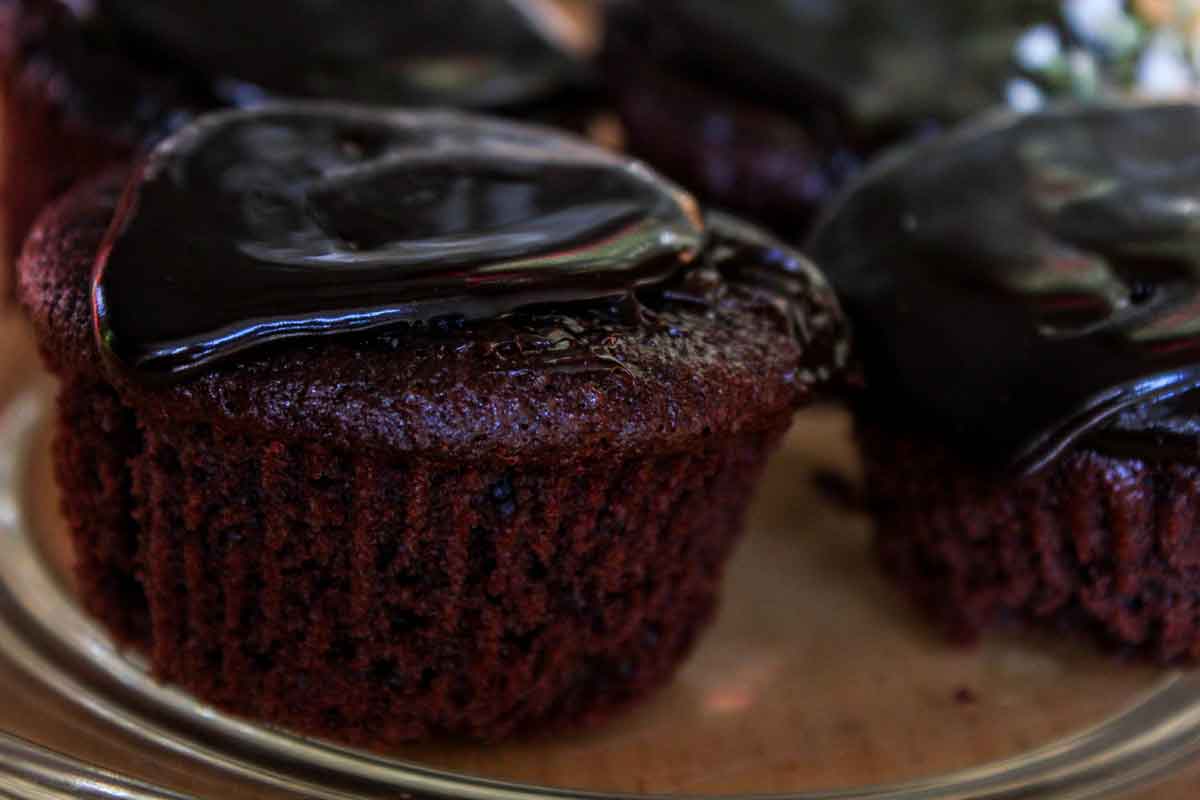 Triple Chocolate Cupcakes Stuffed with creamy chocolate pudding and chocolate chips and drenched in chocolate ganache