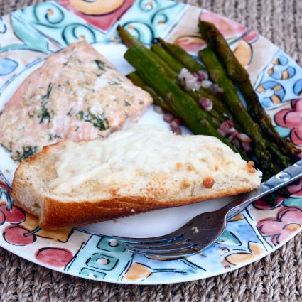 Roasted Salmon and Asparagus with Grilled Garlic Bread