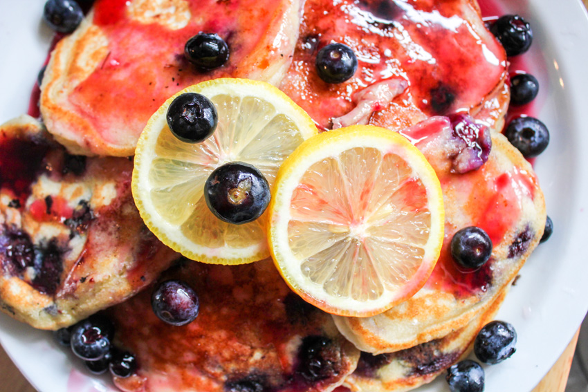 Blueberry Lemon Ricotta Pancakes with Blackberry Vanilla Syrup