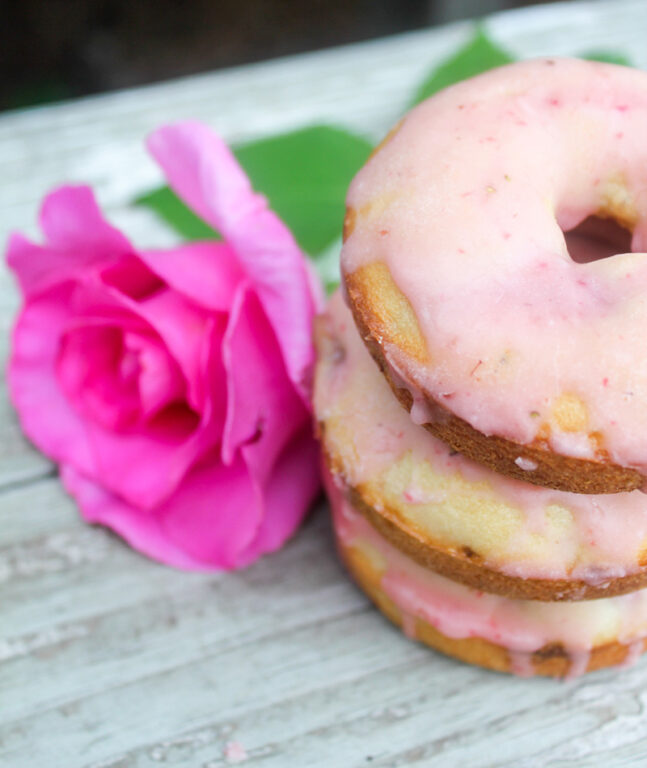 Baked Strawberry Rose Cream Donuts with Strawberry Icing