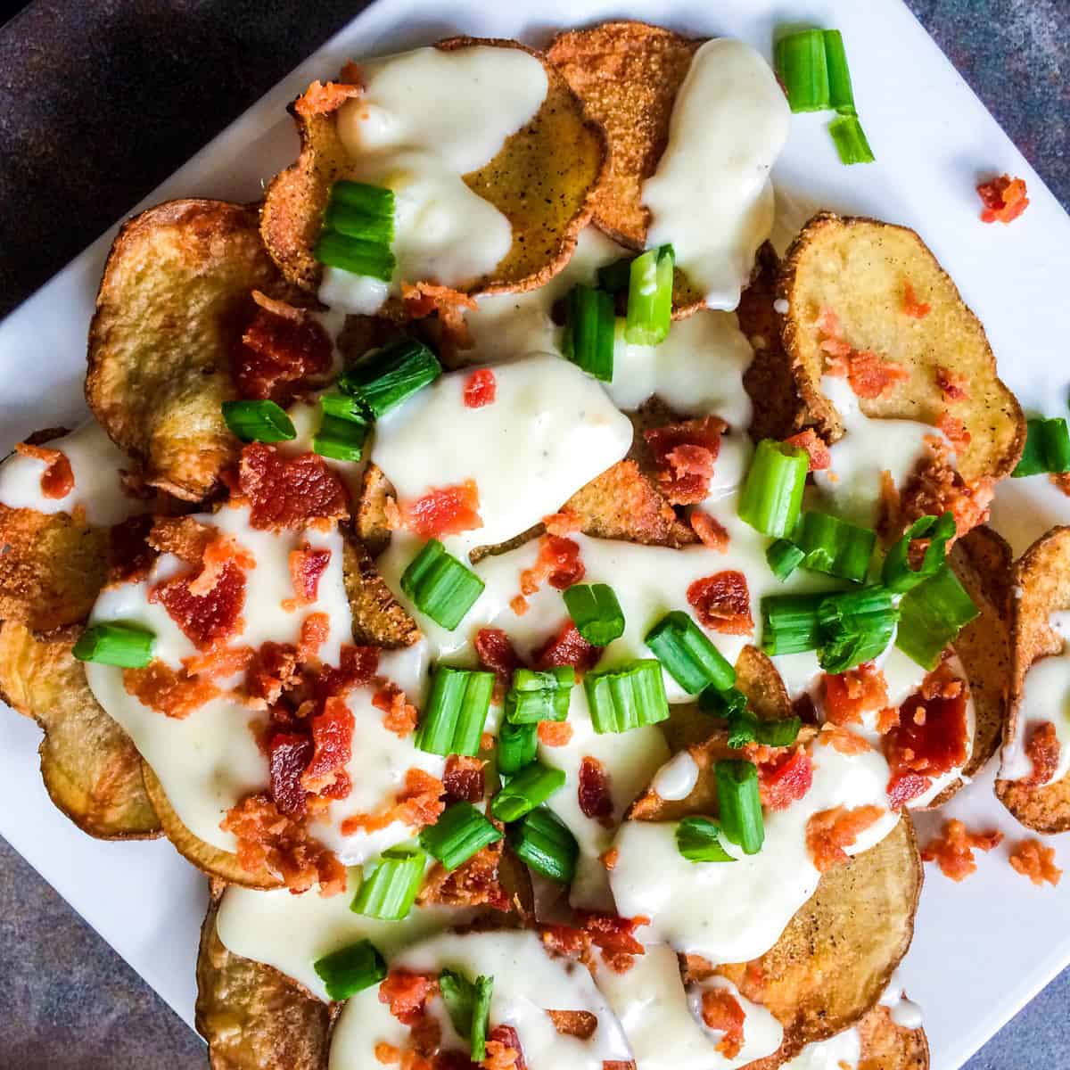 Baked Potato Chips with Gorgonzola Cheese Sauce