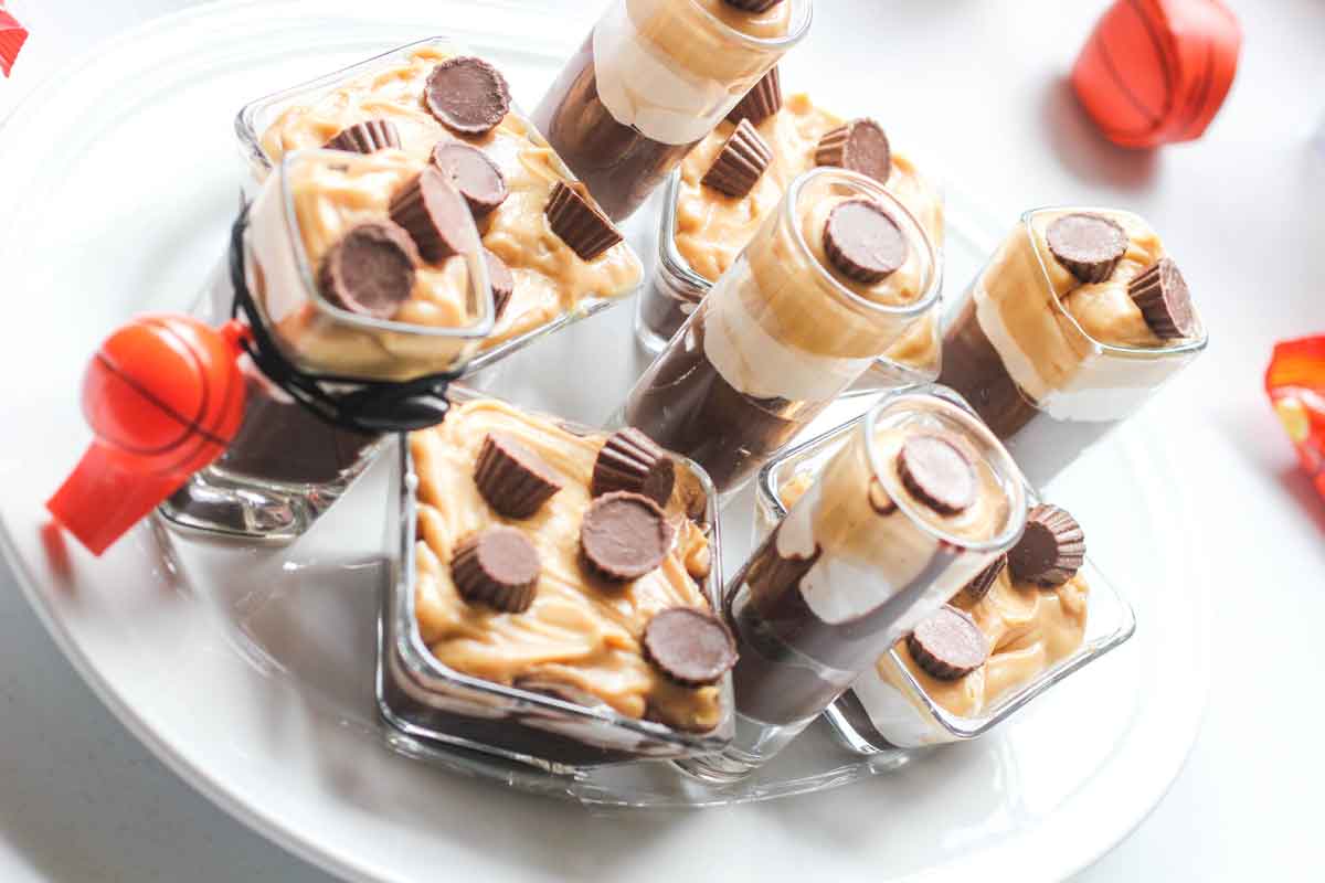 A large platter of peanut butter chocolate parfaits