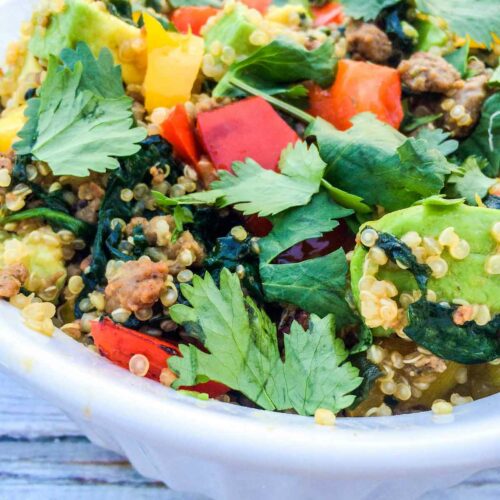 Quinoa Turkey Sausage Crumbles Dinner Bowl Featured Image