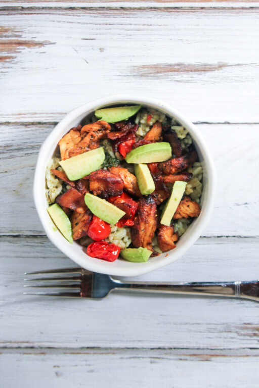 Chicken Avocado BLT Rice Bowl w/Pesto Ranch Dressing