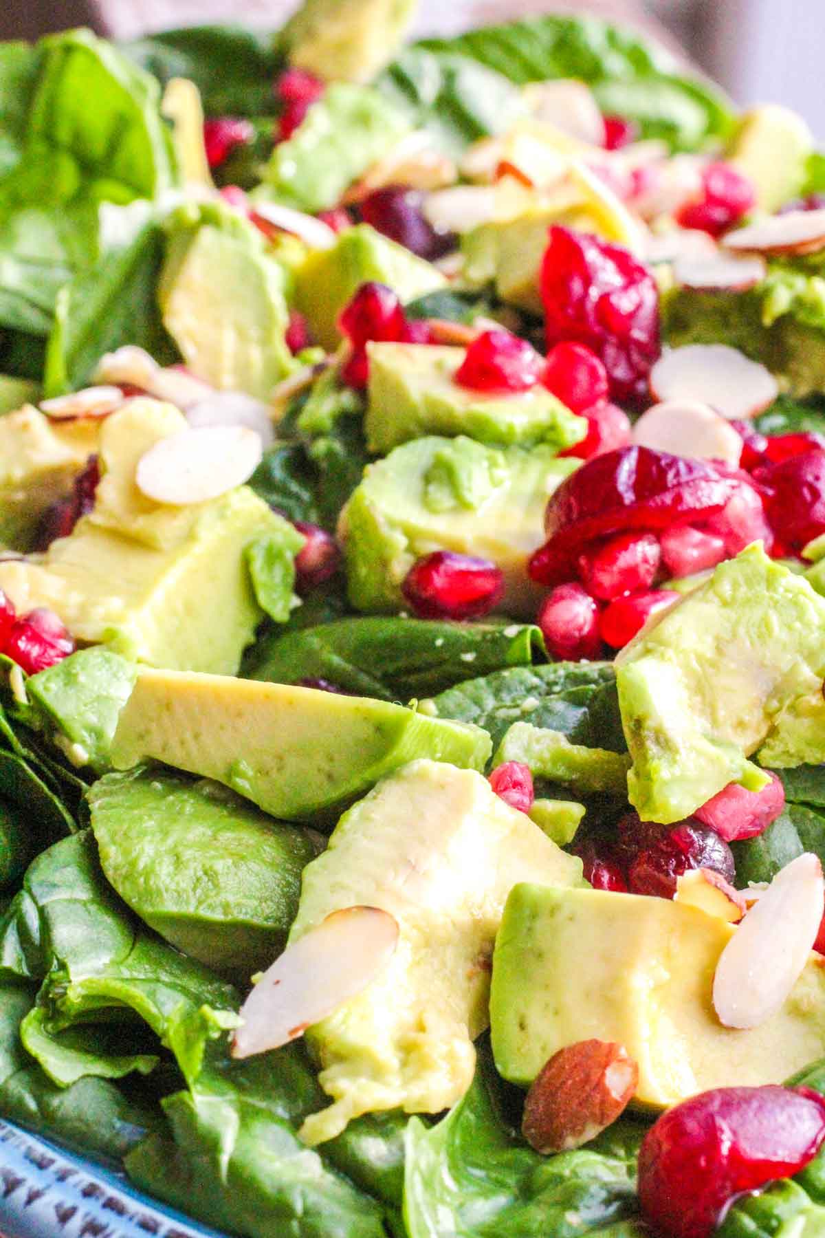 Close up of Avocado Pomegranate Spinach Salad