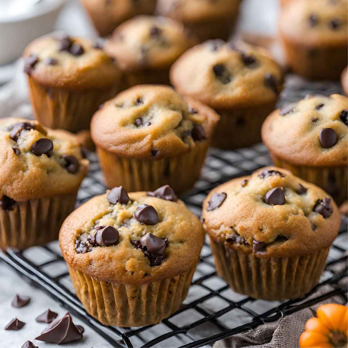 Pumpkin Chocolate Chip Muffins Cooling on Cooling Rack