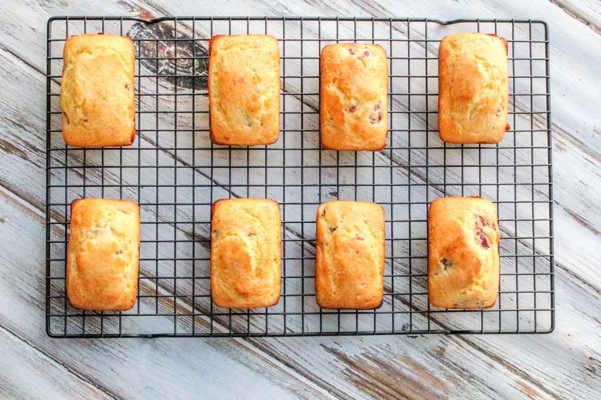 Cranberry Orange Bread 8 Mini  Loaves on a Cooling Rack