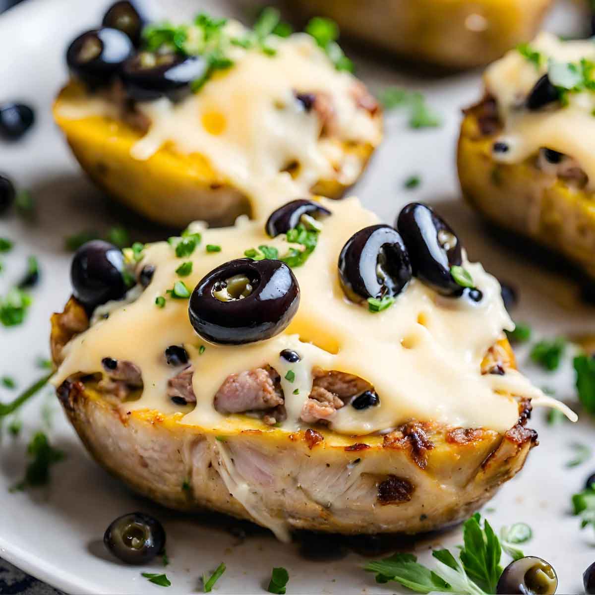 Tuna Stuffed Cheesy Potatoes Close Up