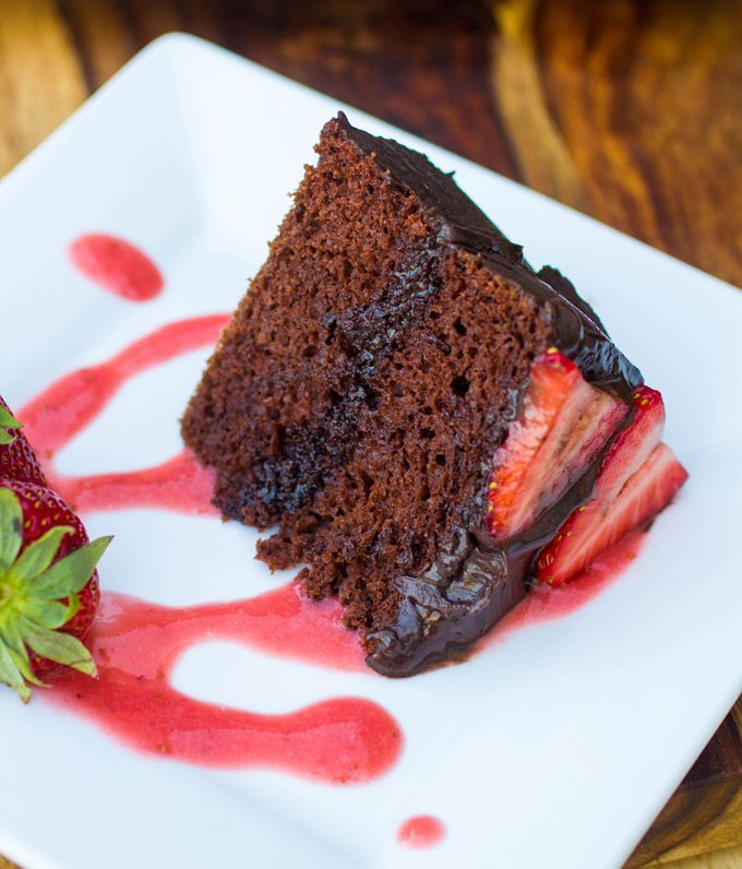 Mini Dark Chocolate Layer Cake with Dark Chocolate Ganache and Strawberries