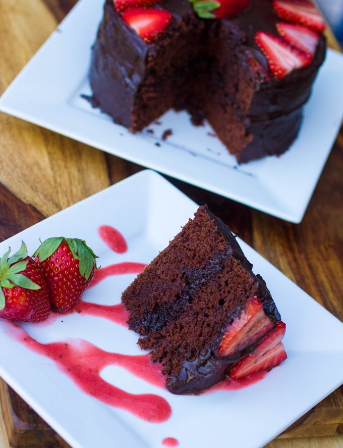 Mini Dark Chocolate Layer Cake with Dark Chocolate Ganache and Strawberries