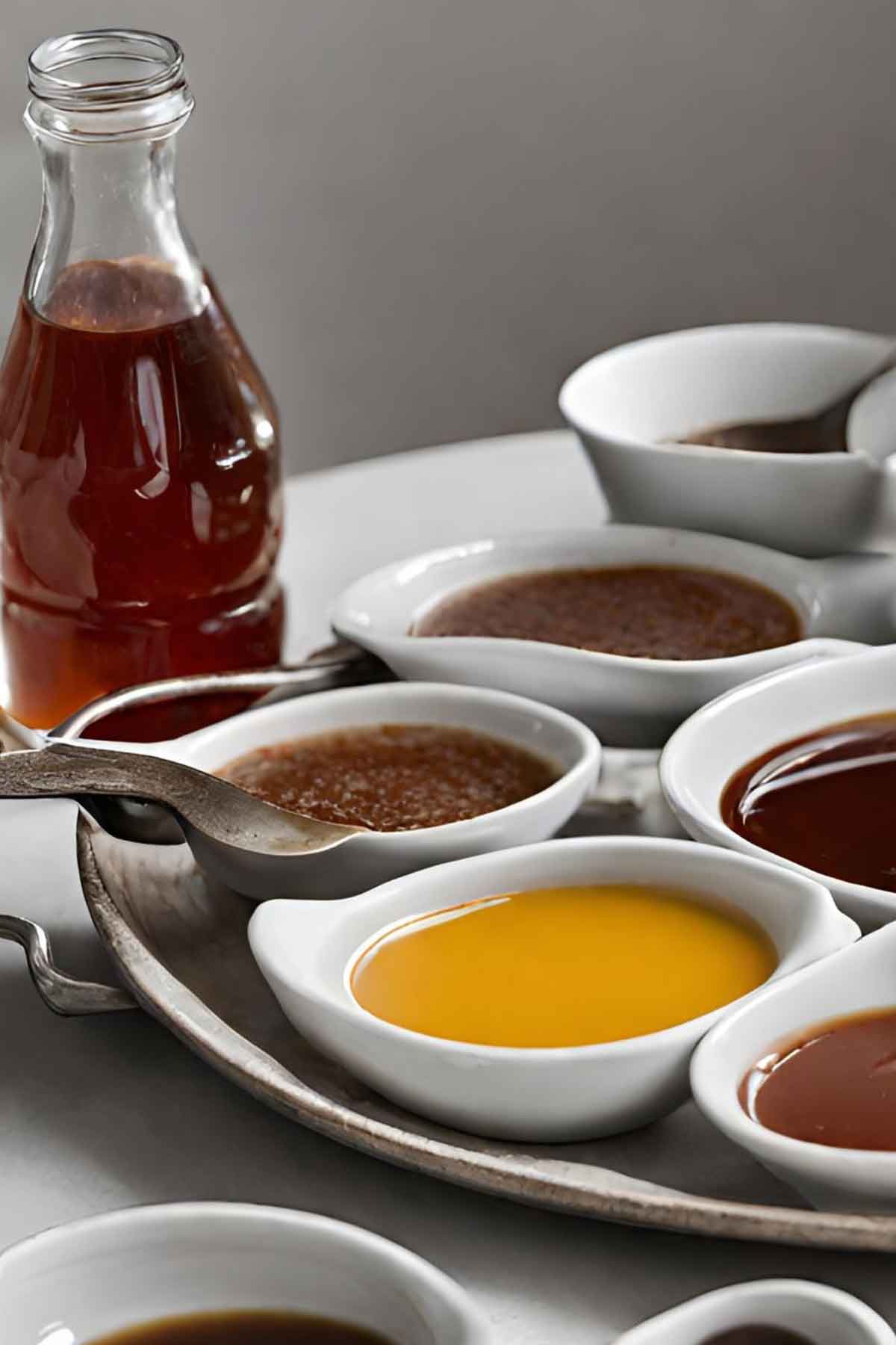 syrups and sauces on a platter