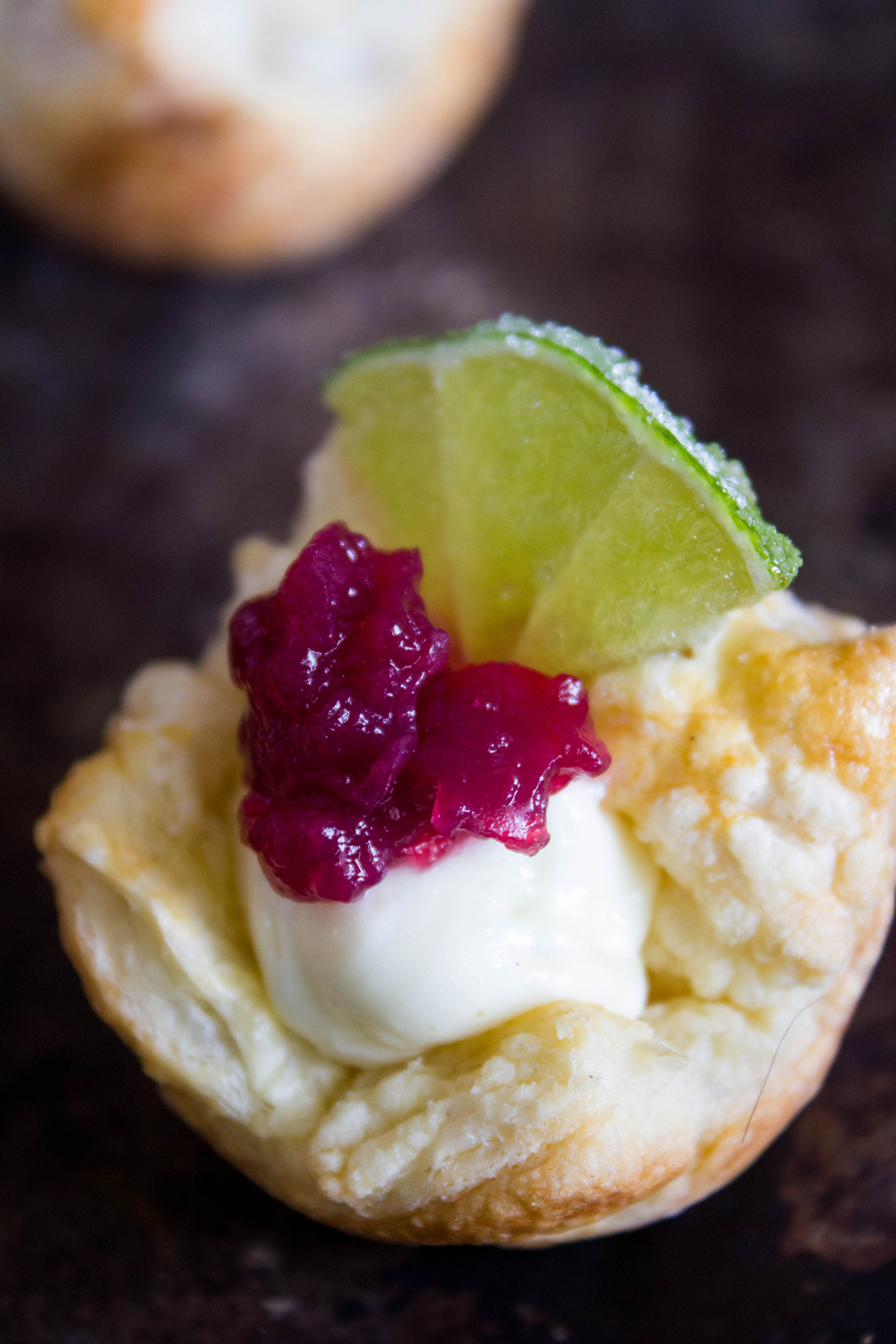 Cherry Lime Puff Pastry Extreme Closeup with Only Lime Garnish