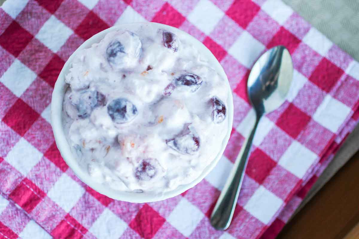 Easy Creamy Cranberry Ambrosia Salad on a Red Plaid Tablecloth