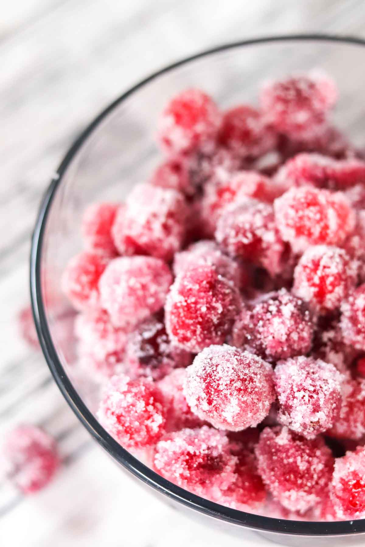 Vanilla Rum Sugared Cranberries Close Up in a Glass Bowl