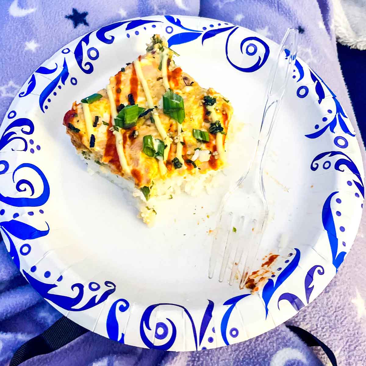 Salmon Sushi Bake on a Paper Plate