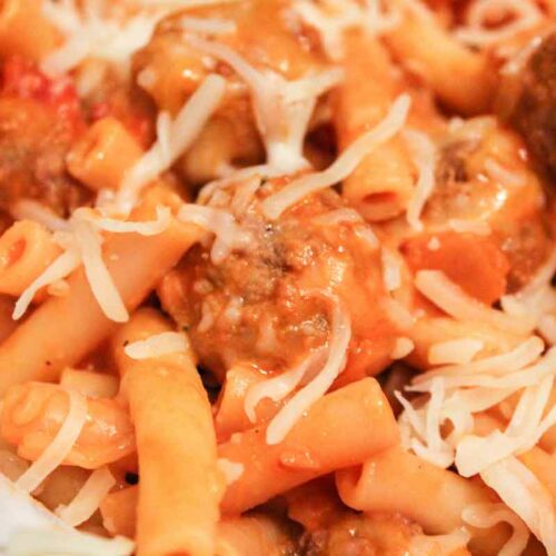 Baked Ziti with Meatballs Close Up