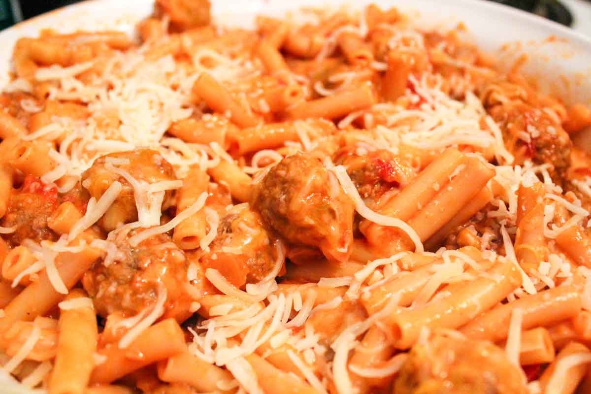 Baked Ziti with Meatballs in Baking Dish