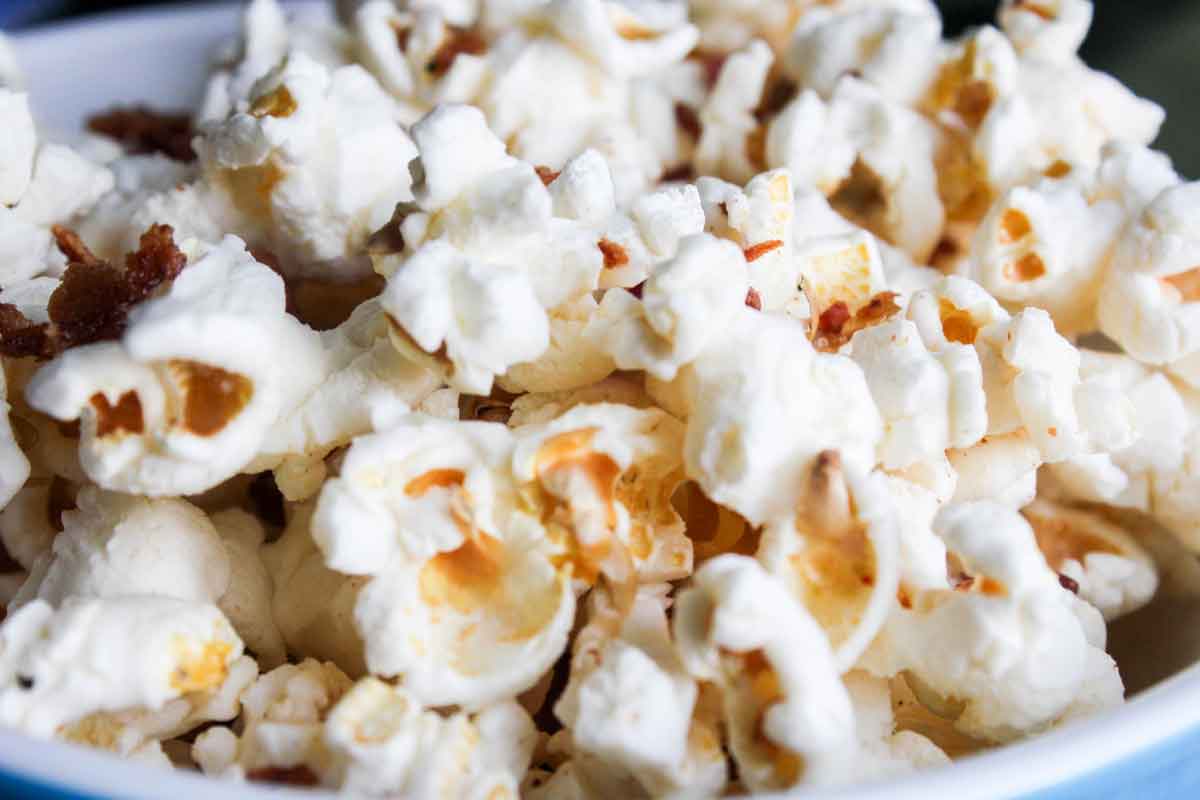 Close up of Bacon Popcorn with Bacon Pieces