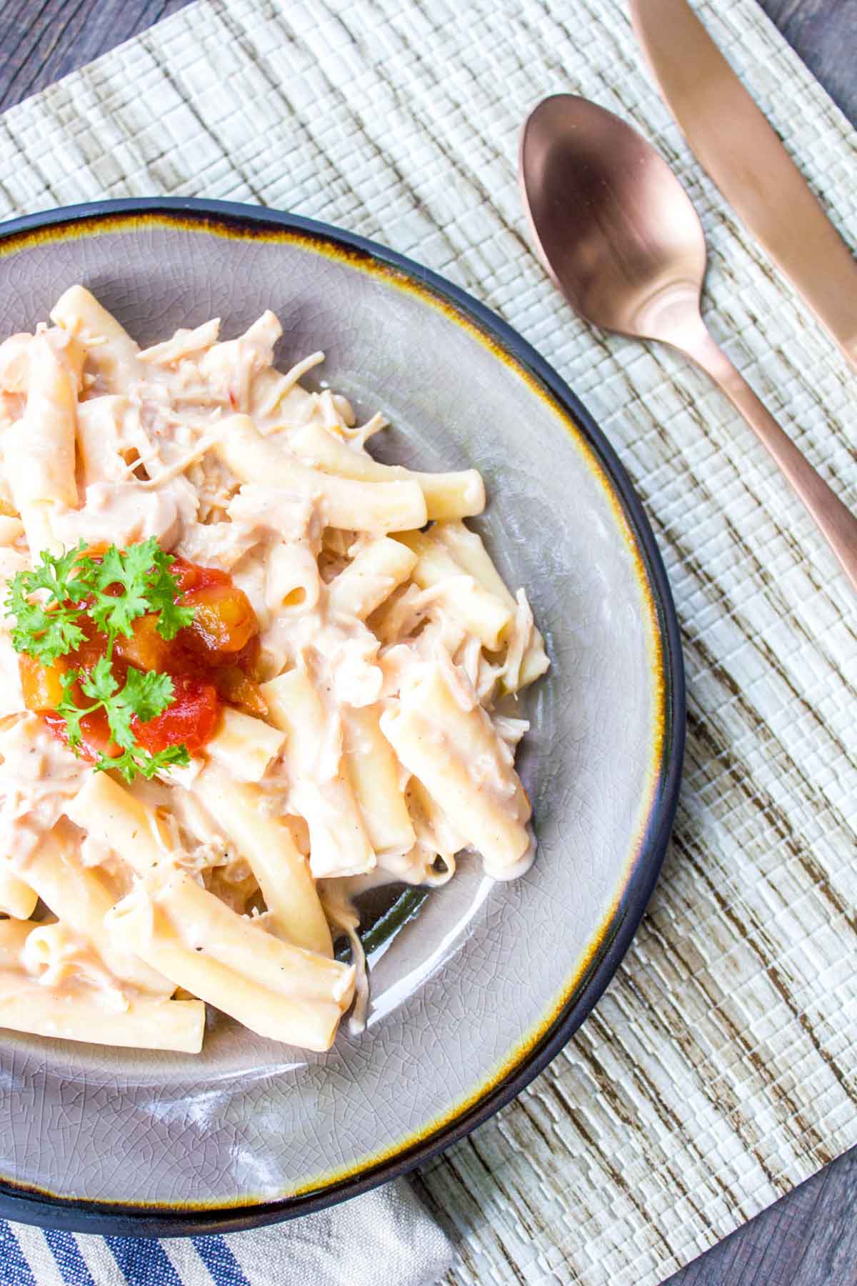Easy Creamy Chicken Ziti with a spoonful of salsa on top
