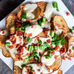 Baked Potato Chips with Gorgonzola Cheese Sauce Featured Image