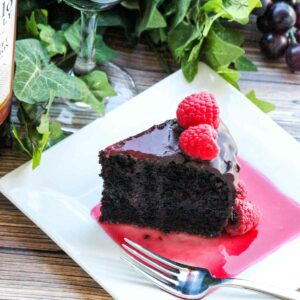 Dark Chocolate Red Wine Cake with Red Wine Raspberry Sauce