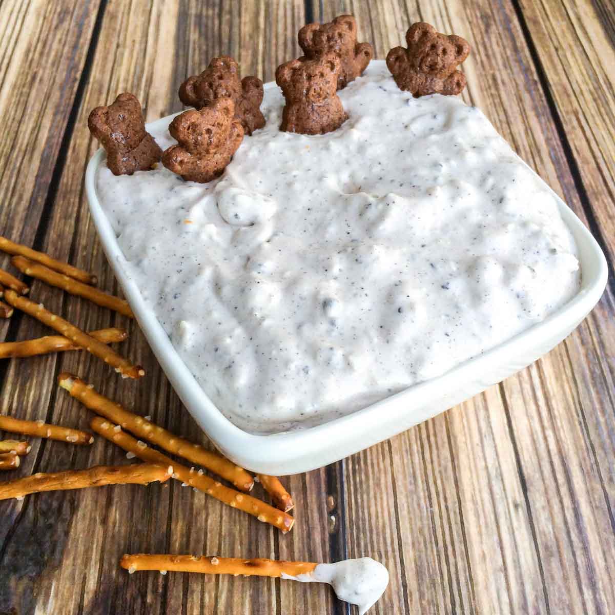 Cookies and Cream Dip with little bear cookies swimming in the dip